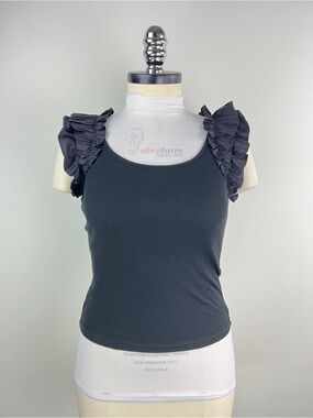 💚 3643. Black Ruffled Sleeve Ribbed Tank Top